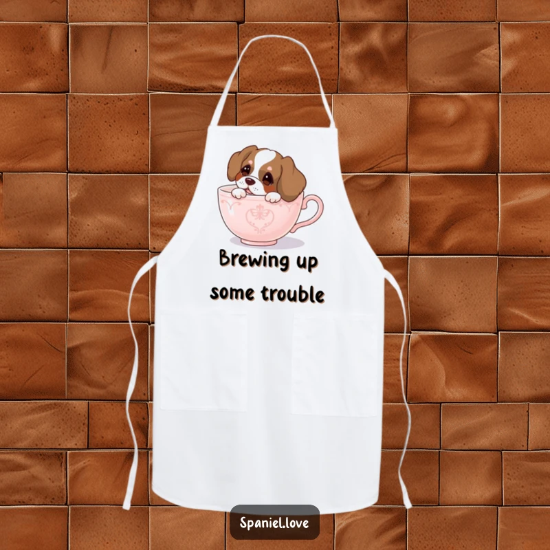 Funny spaniel apron, a curious dog peeking from a giant teacup, perfect for a whimsical cooking experience.