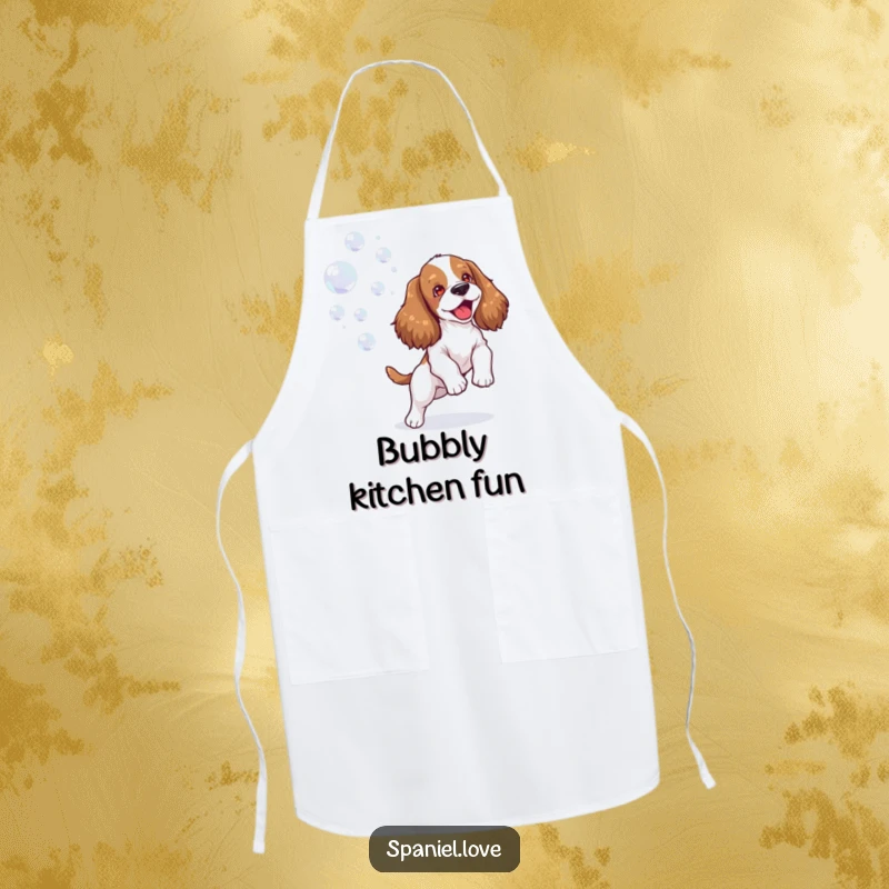 Funny spaniel apron showing a happy dog joyfully playing with bubbles, ready for kitchen adventures with a bubbly, humorous twist.