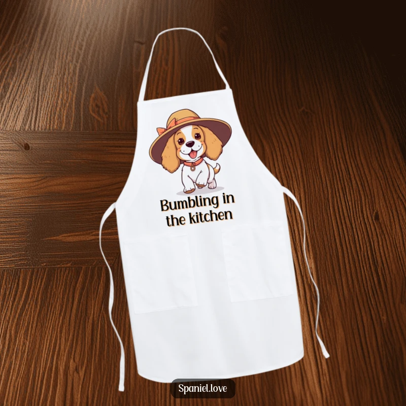 Funny spaniel apron, a playful dog tripping with an oversized hat, perfect for a fun and humorous cooking experience.