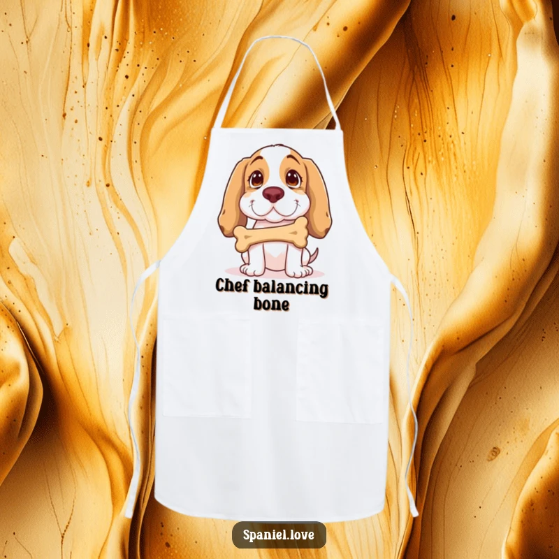 Funny Spaniel Apron: A spaniel balances a bone on its nose with playful concentration, a delightful and funny kitchen accessory.