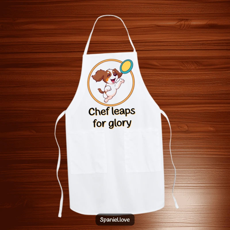 Funny Spaniel Apron: A spaniel leaps through a hoop catching a frisbee, a design full of athletic fun and kitchen humor.