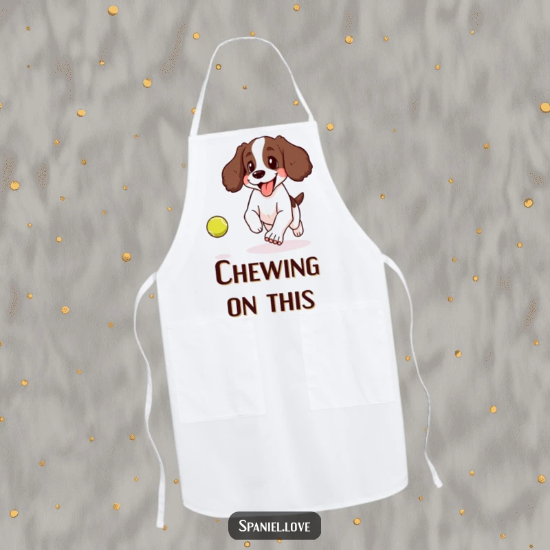 Funny apron showing a spaniel panting happily with its tongue lolling out, enthusiastically chasing a bouncing tennis ball.