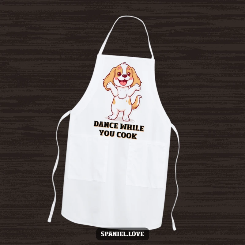 Funny Spaniel Apron: A cheerful dog character performing a happy dance with a wagging tail, adding humor to cooking.