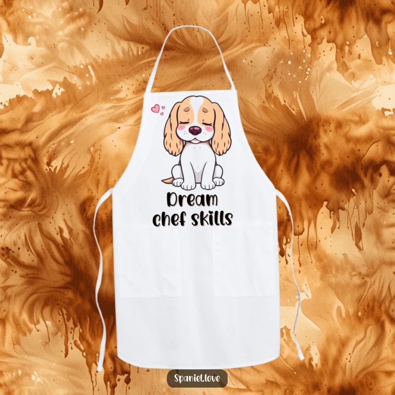 Funny Spaniel Treat Dream Apron: A happy spaniel is shown asleep, eyes closed, dreaming sweetly of an abundance of tasty treats.