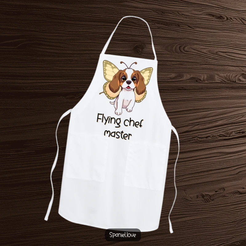Funny spaniel apron showing a surprised dog being carried by a large butterfly, ready for kitchen adventures with a whimsical twist.