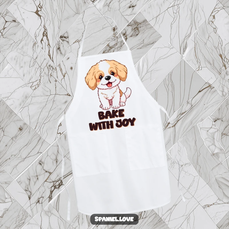 Funny fluffy spaniel puppy with notable big ears and a wagging tail featured on a kitchen apron, adding puppy charm.