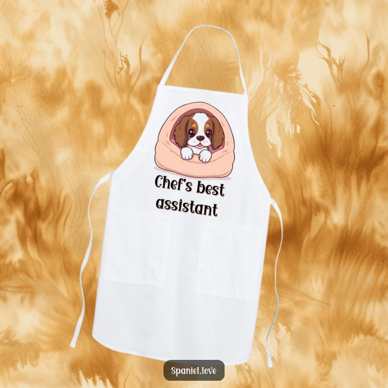 Funny spaniel wearing an apron, peeking from a dog bed with eager anticipation, perfect for kitchen humor.