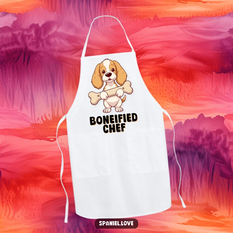 Funny Spaniel Apron: A spaniel with a proud look carries a comically oversized bone, ready for kitchen success.