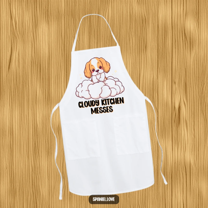 Funny Spaniel Apron: A spaniel joyfully digs into a pile of fluffy clouds while wearing an apron, a whimsical sight.