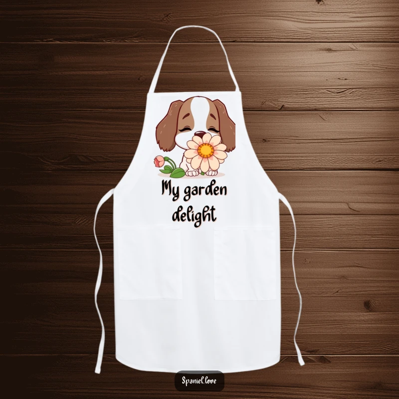Funny apron featuring a happy spaniel character with its nose buried in a comically large flower.