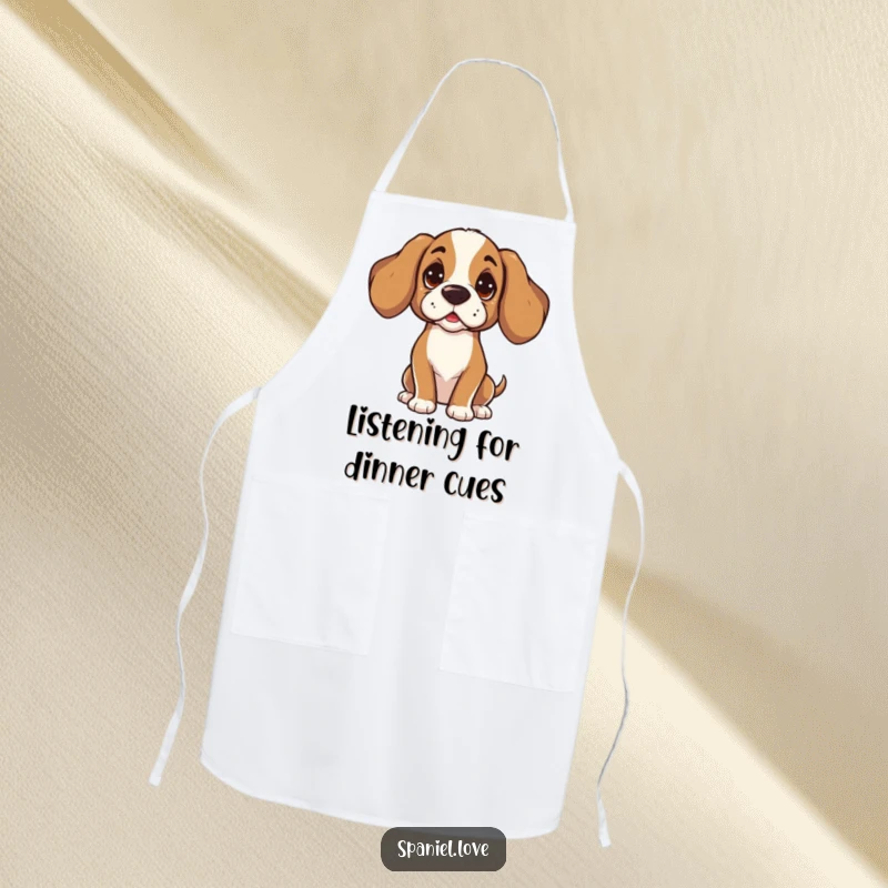 Funny Spaniel apron showcasing a character tilting its head, listening intently with curiosity. This apron is ideal for anyone focused on their tasks.