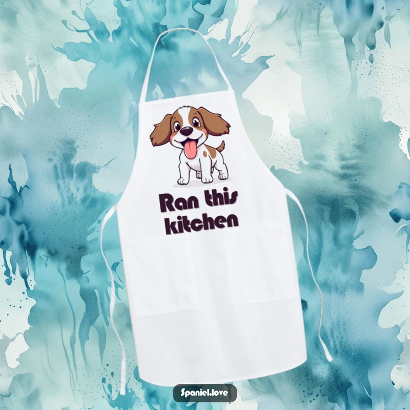 Funny Spaniel Apron featuring a happy spaniel panting with its tongue out, ideal for active chefs.