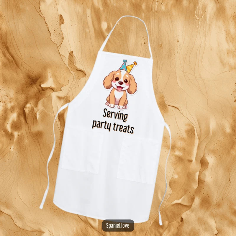 Funny Spaniel dog wearing a small party hat, letting out a joyful bark on an apron, ideal for cooking and parties.