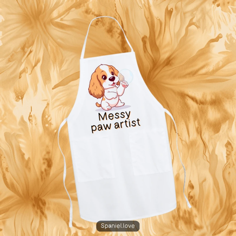 Funny Spaniel pup apron, hilariously focused on a floating bubble, making kitchen duties a joyful and amusing affair.