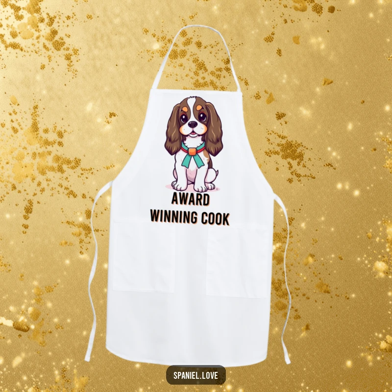 Funny Spaniel Ribbon Apron: A proud spaniel stands elegantly, wearing a decorative ribbon, ready for any occasion.