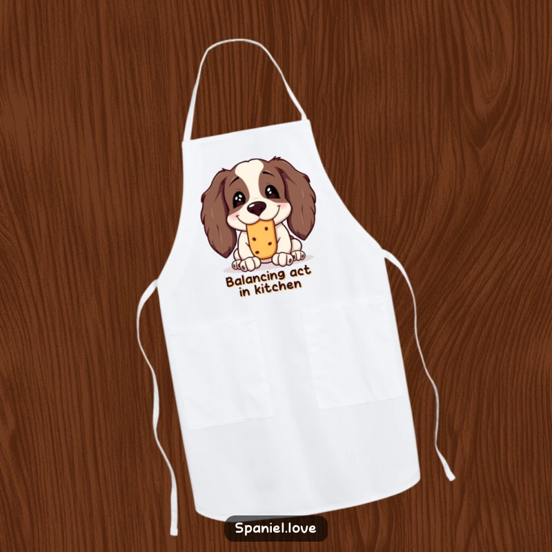 Funny Spaniel Apron: A spaniel with a silly grin is depicted trying to balance a treat on its nose while cooking.