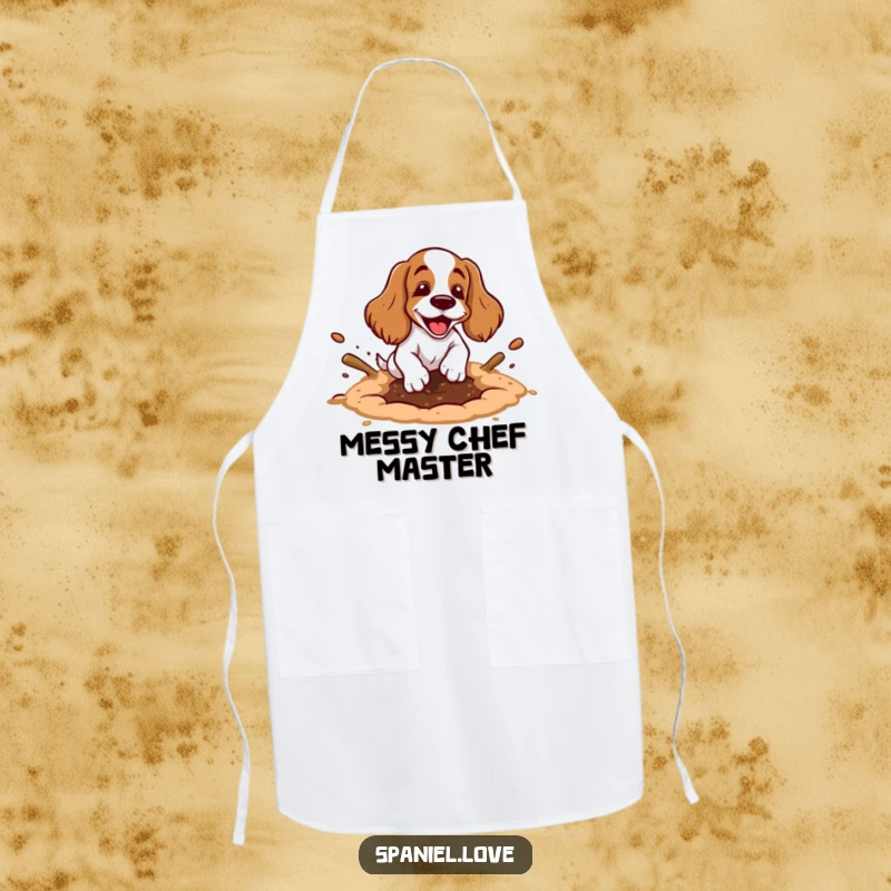 Funny spaniel apron showing a cartoon spaniel happily digging a hole with exaggerated motion and dirt flying, perfect for messy fun.