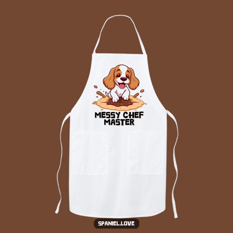 Funny Spaniel Digging Hole Apron: Messy Dog Dirt Flying Kitchen Fun