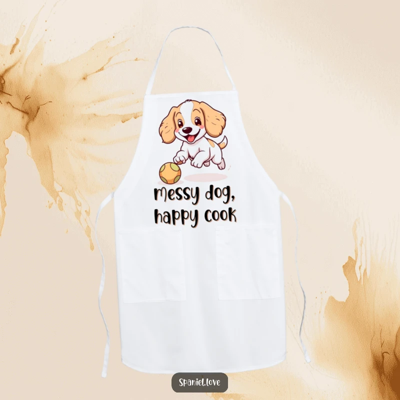 Funny Spaniel apron illustrating a happy Spaniel character with floppy ears joyfully chasing a bouncing ball, ready for kitchen fun.