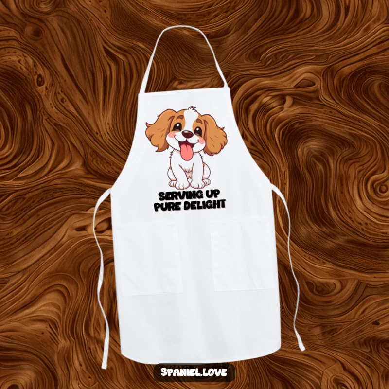 Funny Spaniel Apron: A gleeful dog spinning with delight, tongue happily out, perfect for a humorous and joyful cooking experience.