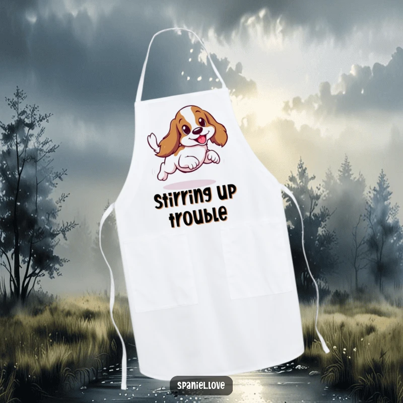 Funny spaniel wearing an apron, in a sideways scurry with a wagging tail, perfect for kitchen humor.