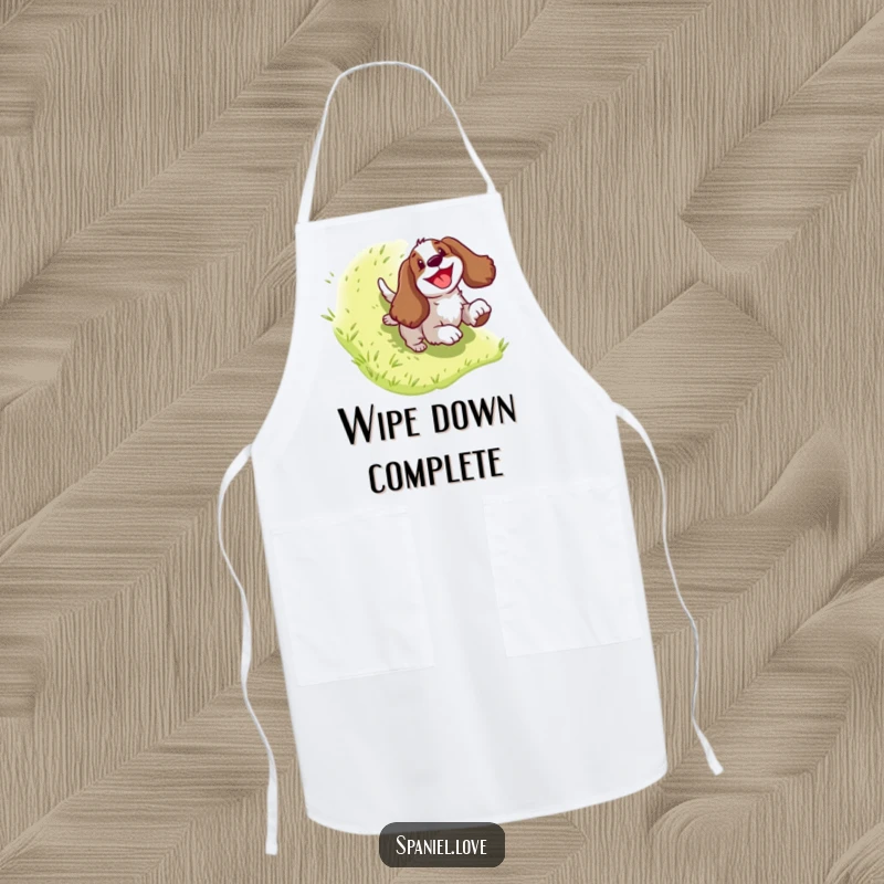 Funny Spaniel Apron: A cheerful dog character sliding down a hill, adding a dose of humor to your culinary creations.