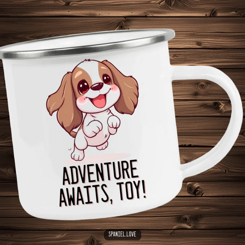 Funny Spaniel camping mug depicting an excited wiggle and jump for a toy. This mug is perfect for fueling energetic outdoor activities with a smile.
