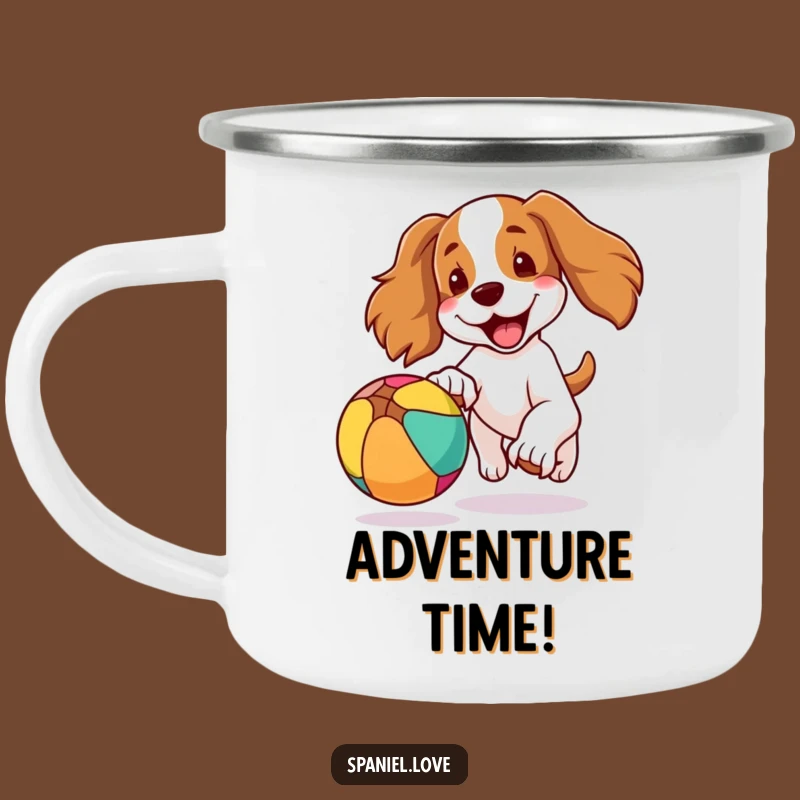 Funny Spaniel Enamel Mug: Joyful Dog Ball Chase for Outdoor Adventures