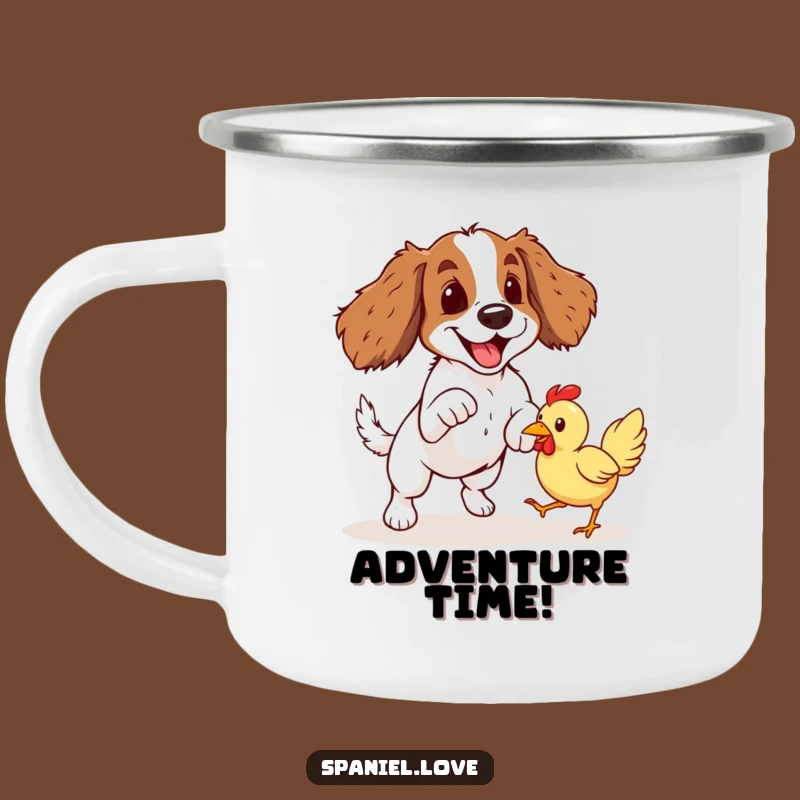 Funny Spaniel Pounce Camping Mug: Enjoy Your Brew with a Hilarious Playtime Scene