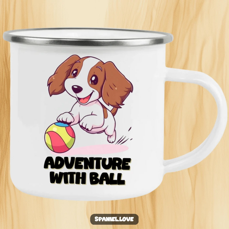 Funny spaniel camping mug with a cartoon spaniel joyfully chasing a bouncing colorful ball, ears flapping, perfect for outdoor fun.