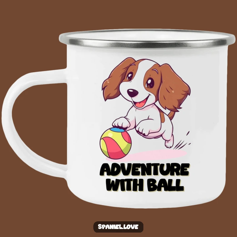 Funny Spaniel Ball Chase Camping Mug: Joyful Dog Ears Flapping Adventure Mug