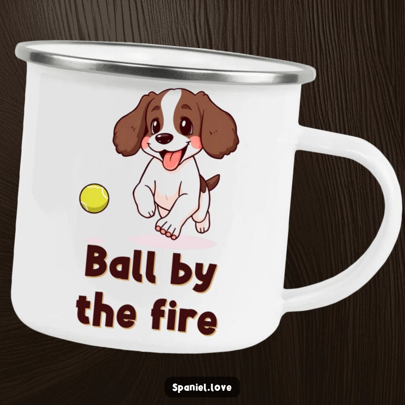 Funny camping mug depicting a spaniel joyfully panting with its tongue lolling out while chasing a bouncing tennis ball.