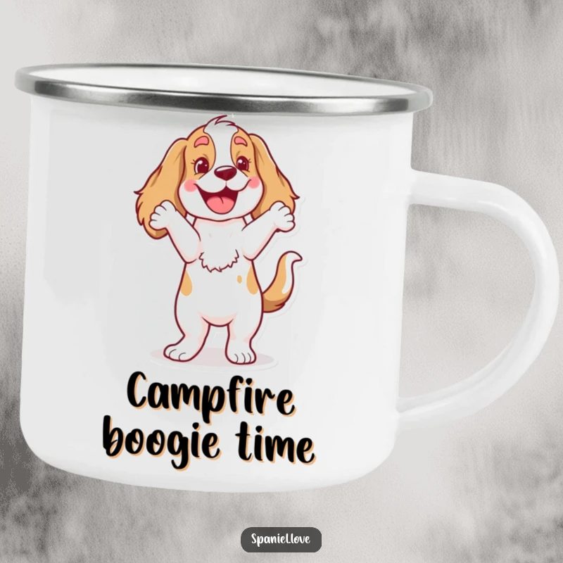 Funny Spaniel Camping Mug: A happy dog character performing a lively dance with a wagging tail, ideal for outdoor fun.