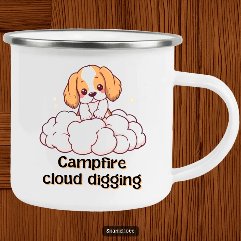 Funny Spaniel Camping Mug: A durable mug featuring a spaniel digging contentedly into a pile of fluffy clouds.