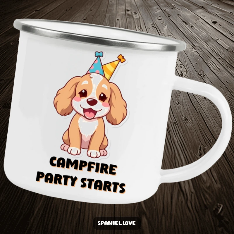 Funny Spaniel dog wearing a small party hat, letting out a joyful bark on a camping mug, great for outdoor celebrations.