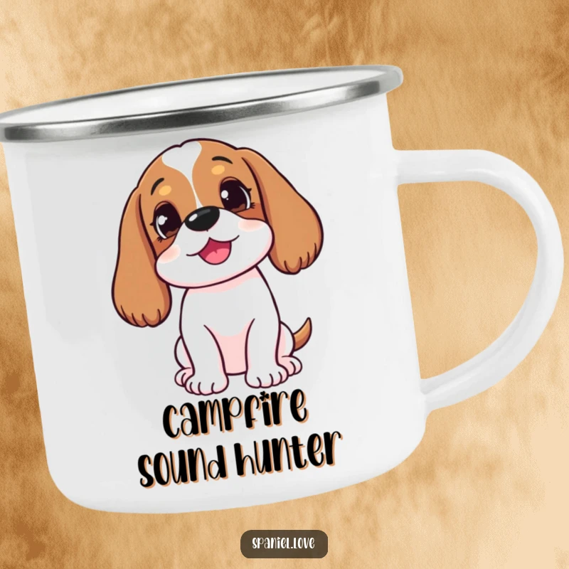 Funny happy spaniel with head tilted, listening intently on a camping mug, for humorous enjoyment during outdoor contemplation.