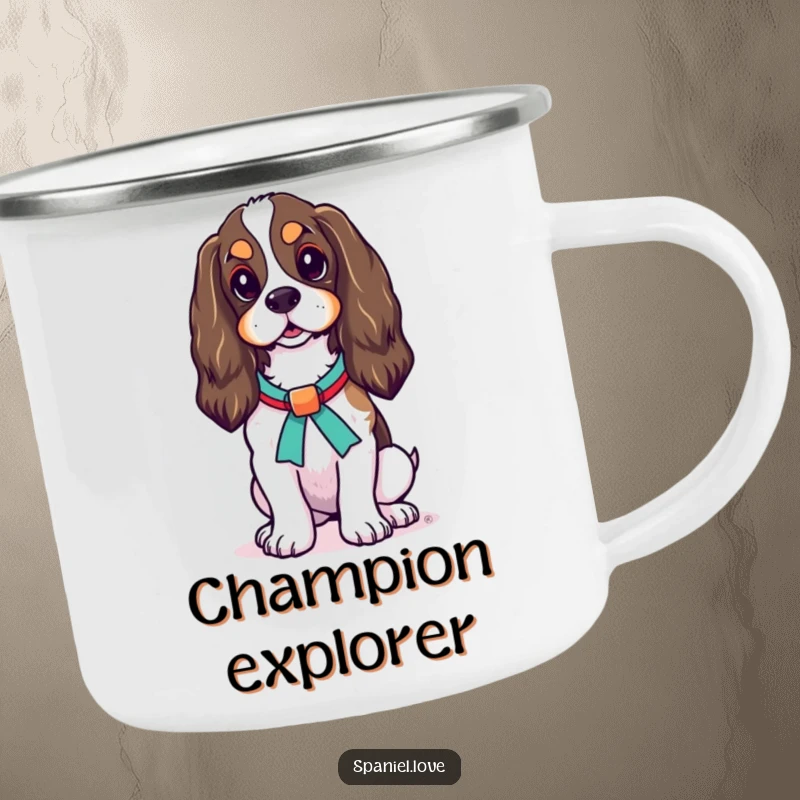 Funny Spaniel Ribbon Camping Mug: A spaniel dog stands proudly with a ribbon, embodying canine elegance on an outdoor adventure.