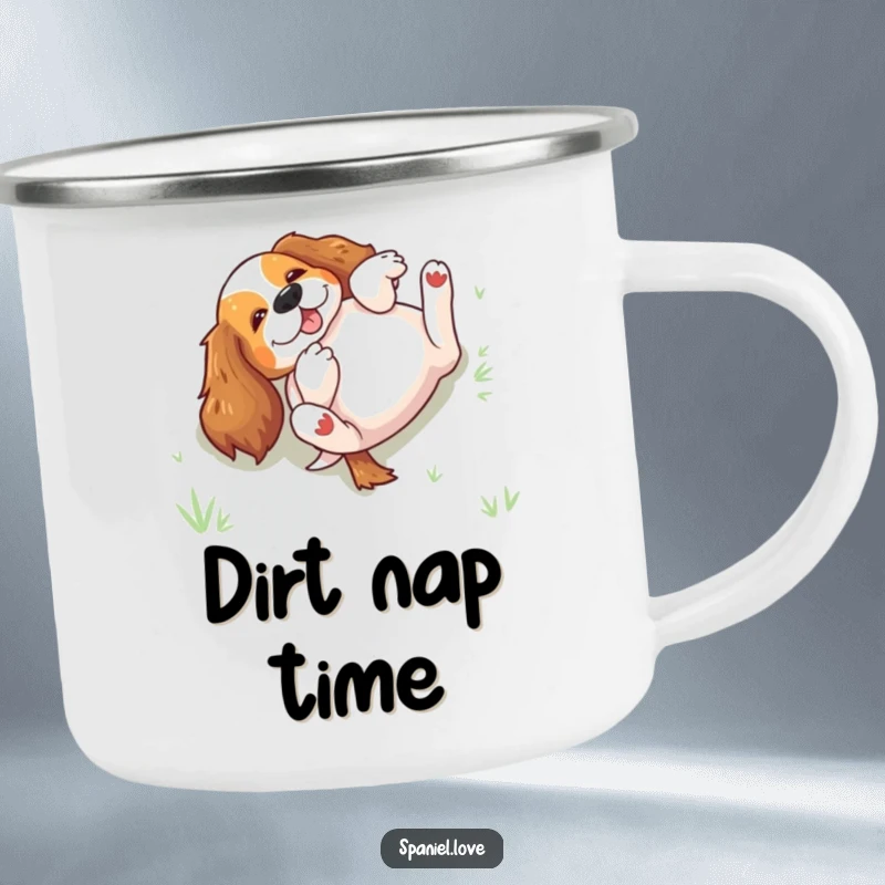 Funny spaniel rolling on its back in grass on a camping mug, for humorous enjoyment during outdoor activities.