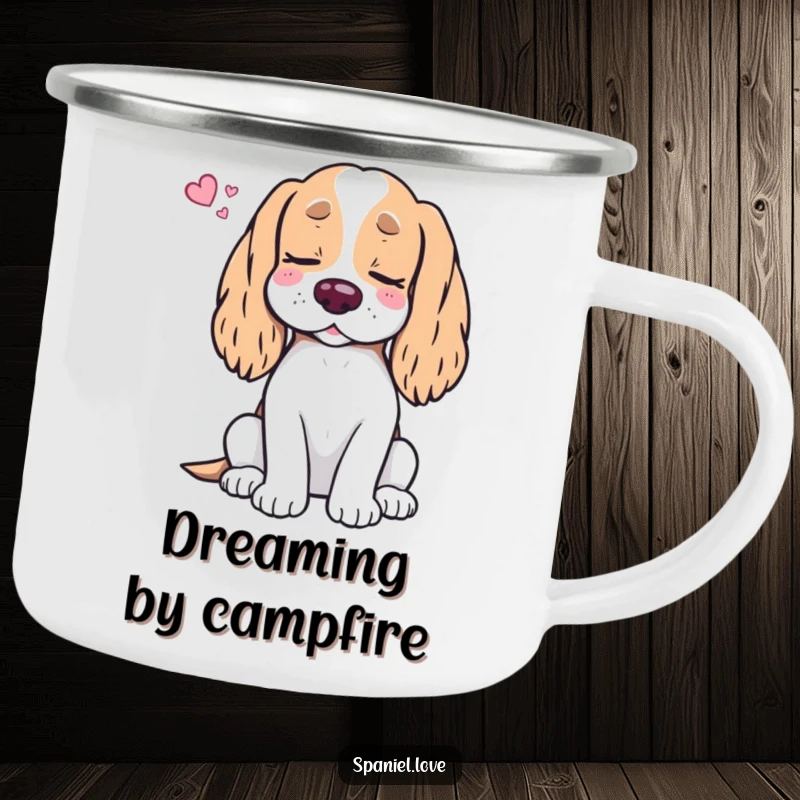 Funny Spaniel Treat Dream Camping Mug: A happy spaniel sleeps, eyes shut, dreaming of a feast of delicious treats, perfect for the outdoors.