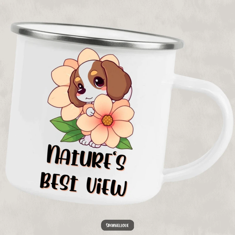 Funny Spaniel camping mug, tail wagging, peeking from behind a big flower, durable and humorous for outdoor use.