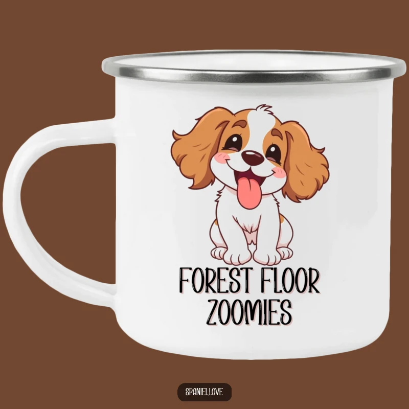 Funny Gleeful Spaniel Camping Mug - Enamel Spinning Dog Cup, Outdoor Humorous Gift