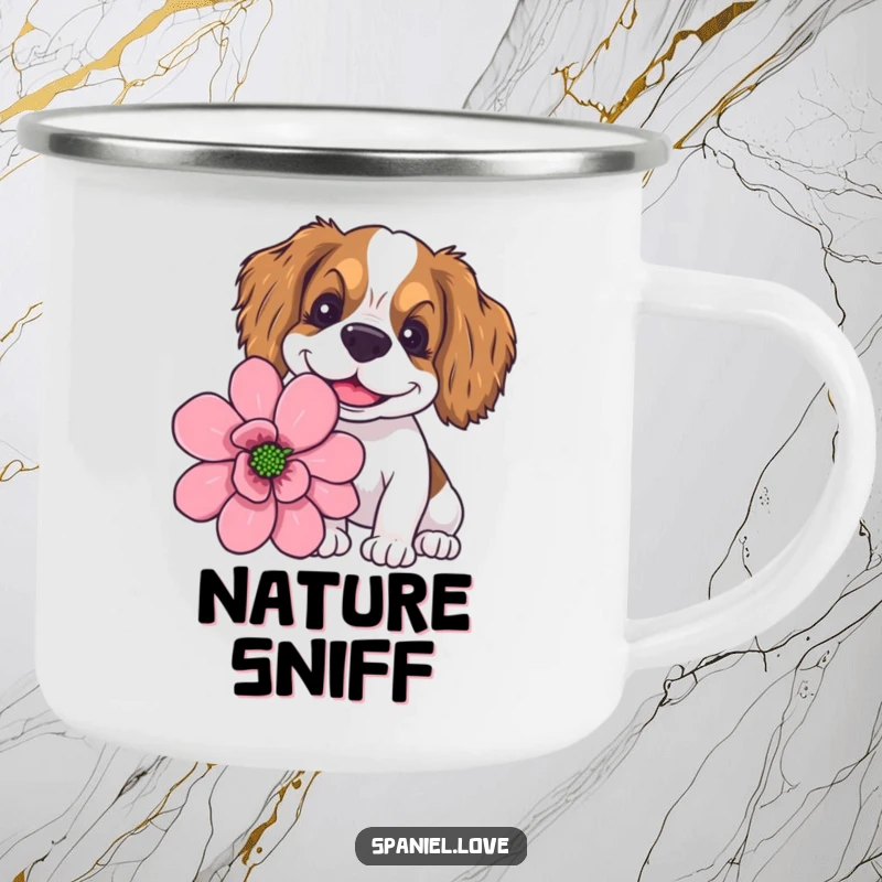 Funny spaniel with a goofy smile sniffing a giant flower on an enamel camping mug, for outdoor happiness.