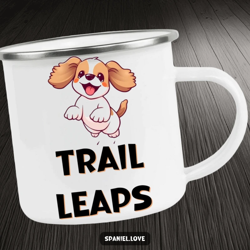 Funny kawaii spaniel leaping joyfully mid-air with floppy ears flying, depicted on a rugged camping mug for outdoor enjoyment.