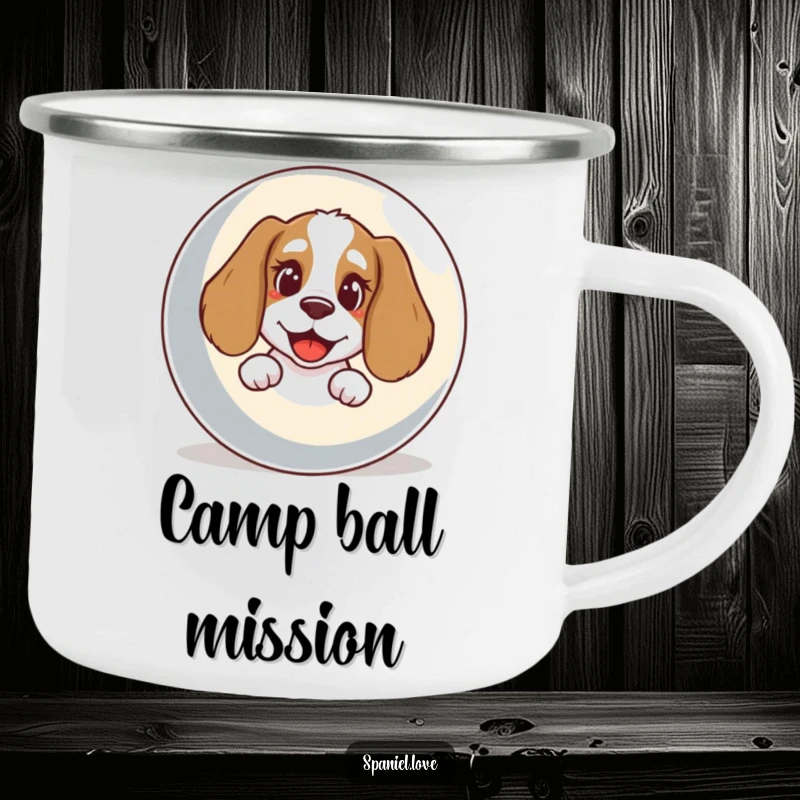 Funny Spaniel Camping Mug: A sturdy mug depicting a spaniel with a happy bark peeking from behind a giant ball.
