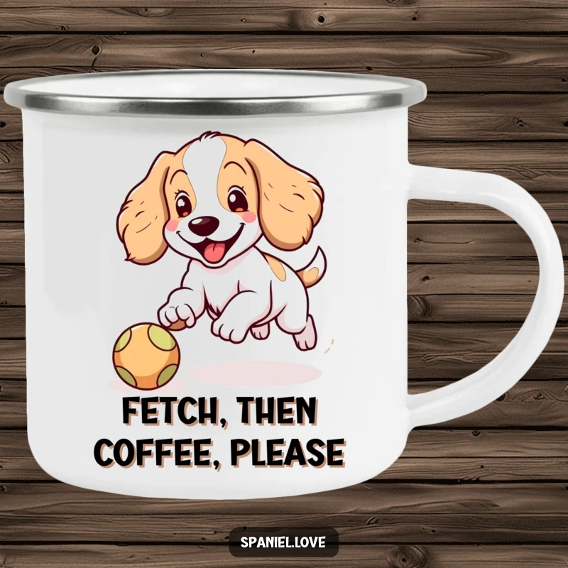 Funny Spaniel camping mug depicting a happy Spaniel character with floppy ears joyfully chasing a bouncing ball, ready for outdoor fun.