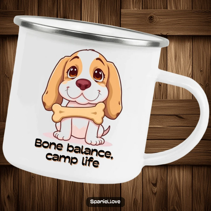 Funny Spaniel Camping Mug: A spaniel balances a bone on its nose with humorous concentration, ready for your next adventure.
