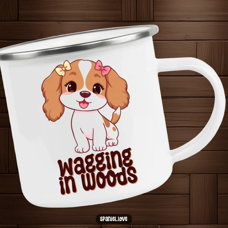 Funny camping mug featuring a spaniel with floppy ears adorned with tiny bows, its tail wagging enthusiastically.