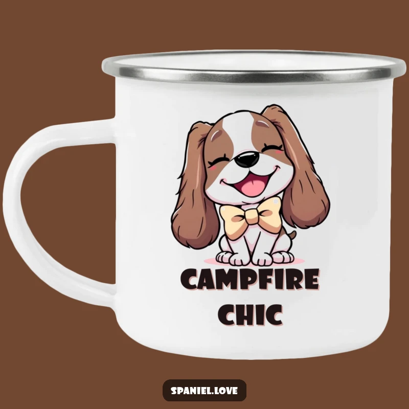 Funny Spaniel Bowtie Camping Mug: Dapper Adventure Fuel with a Winking Pup.