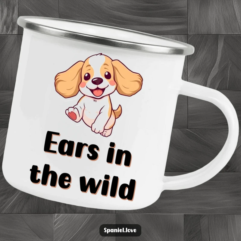 Funny Spaniel Camping Mug: A sturdy mug featuring a spaniel mid-jump, ears flying, ready for outdoor adventures.