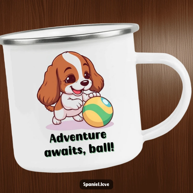 Funny Spaniel Camping Mug: A mischievous spaniel nudging a bouncing ball, perfect for outdoor enjoyment.